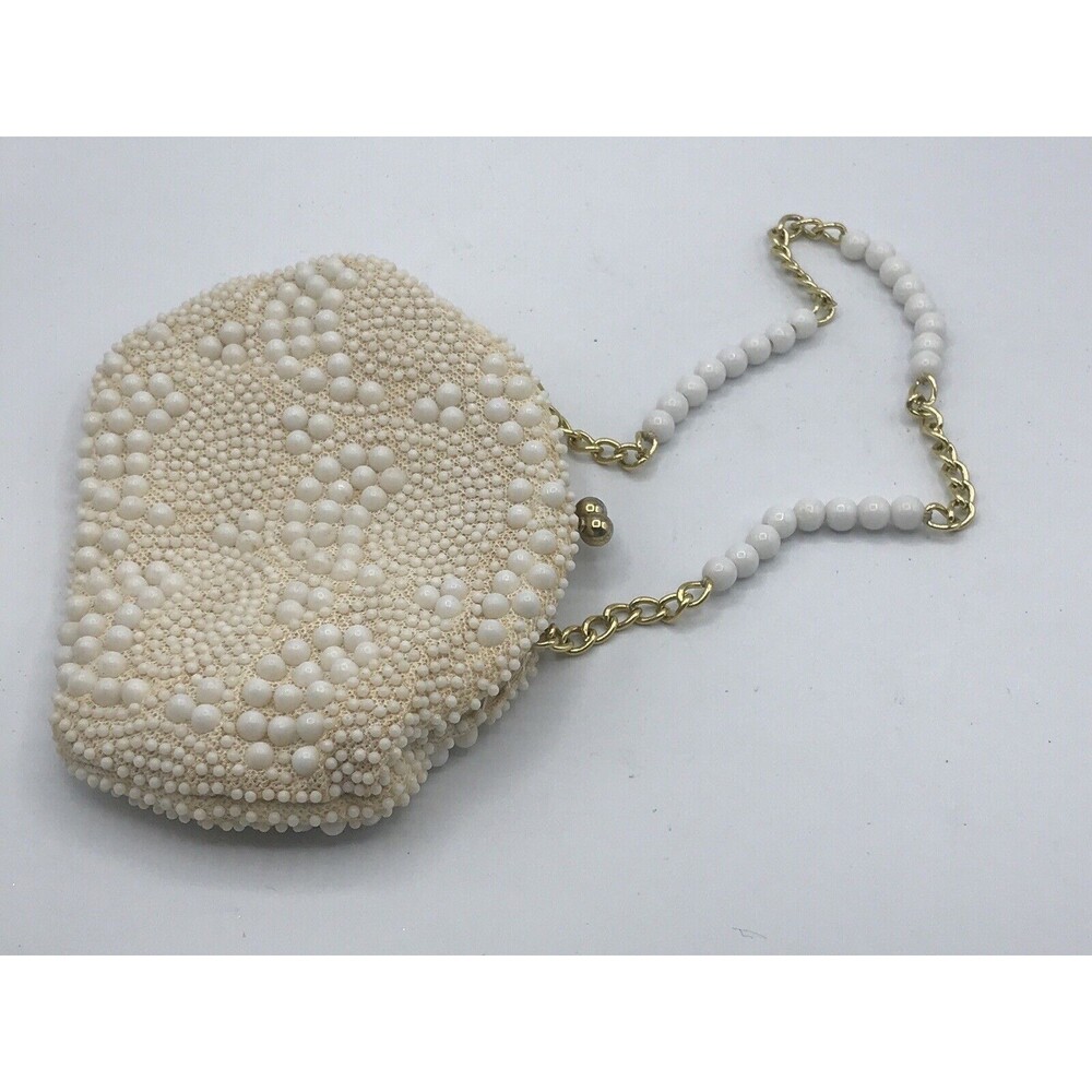 John Wind Purse/Clutch White Beaded Mid‎ Century Style Made In Hong Kong